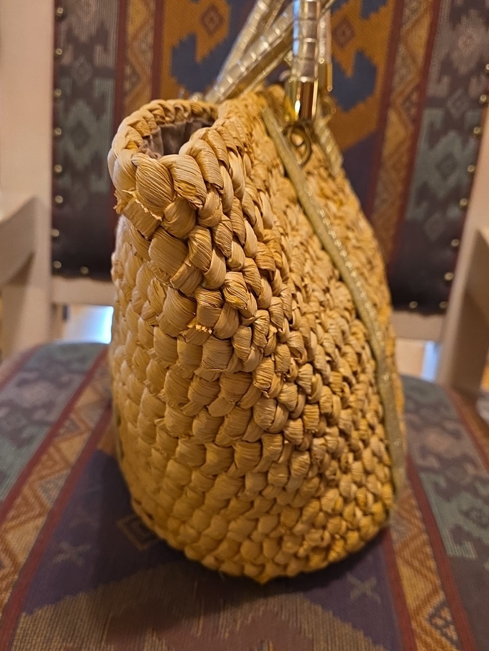 Y2K Straw Woven Vegan Leather Corn Husk Tote Bag Gold Buckle Beach Boho - Picture 11 of 15